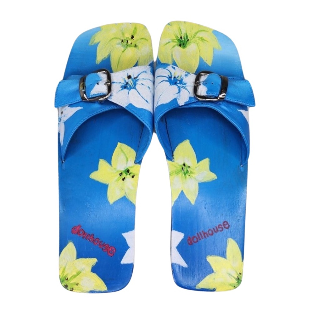 Dollhouse Hand Painted Wooden Leather Slip-On Sandals Adjustable Floral Size 9
